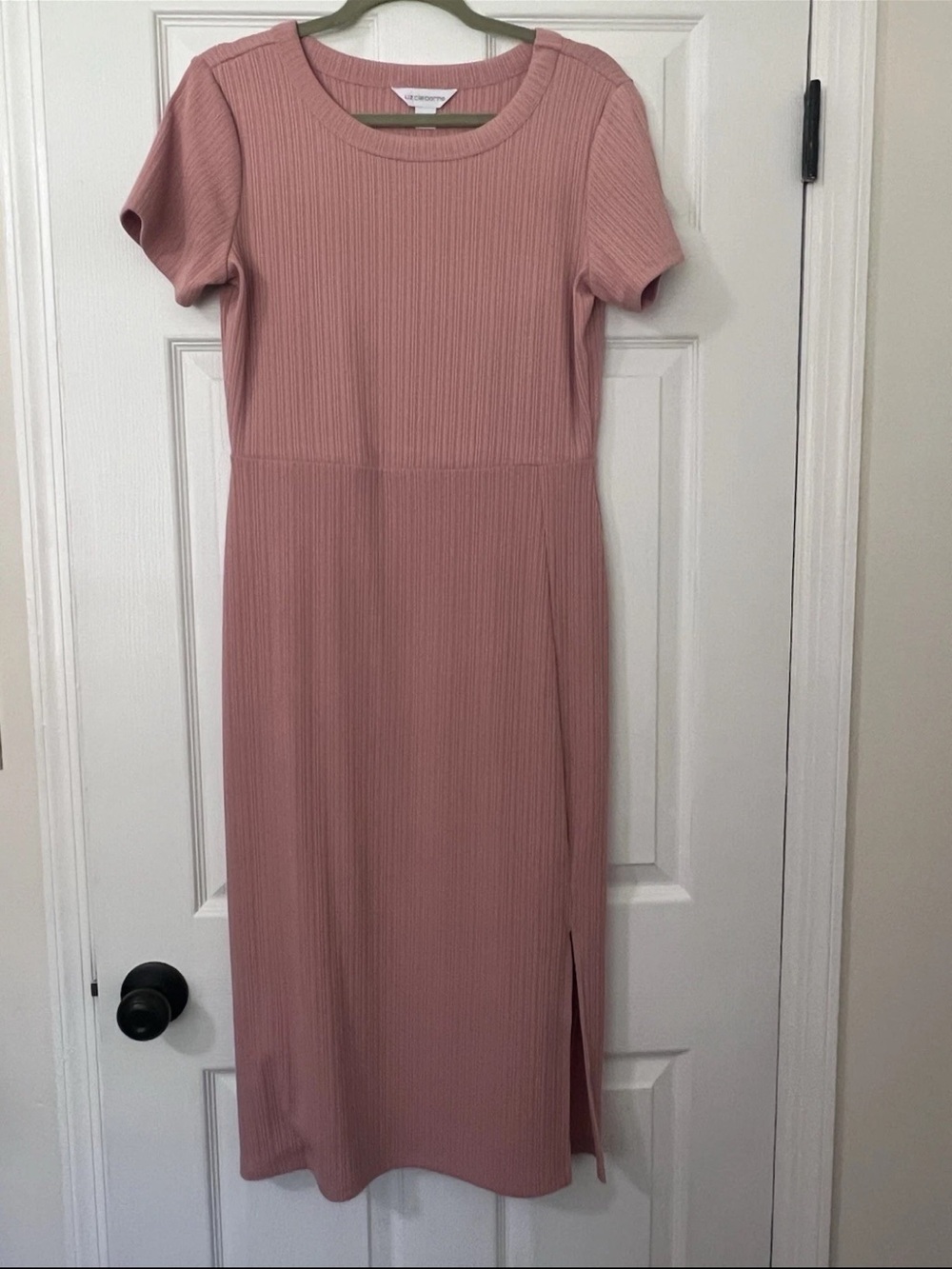 Liz Claiborne Pink Ribbed Knit Midi Dress Short Sleeve Round Neck Stretch S